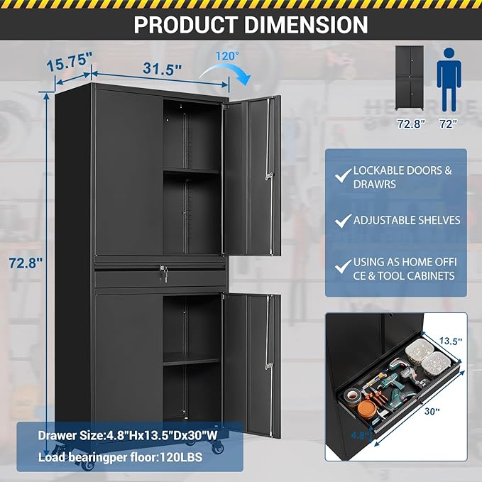 73" Metal Cabinet-Black Heavy Duty Rolling Storage Cabinet Steel Tool Cabinets with Wheels, Shelves, Lockable Doors and Drawers- for Garage, Pantry, Warehouse Home Office- Assembly Required