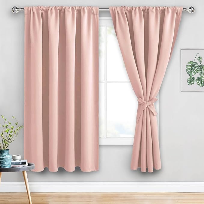 JIUZHEN Blackout Curtains for Bedroom - 60 Inch Wide Thermal Insulated Room Darkening Privacy Soundproof Curtains for Living Room, Set of 2 Panels with Tiebacks, 60 x 63 inches, Blush Pink