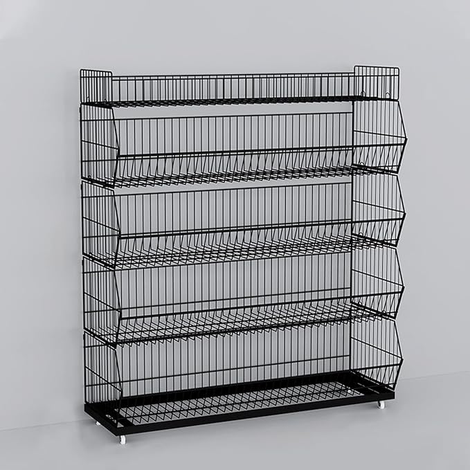Commercial Supermarket Display Cart - 5-Tier Industrial Slanted Rolling Shelves Metal Storage Rack for Retail Store, Warehouse & Home Use, 66LBs/Tier Tool-Free Setup