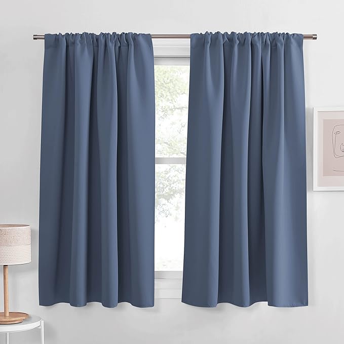 PONY DANCE Rod Pocket Blue Haze Blackout Curtains for Bedroom - Thermal Insulated Room Darkening Curtain for Living Room, 52 x 54 Inch, 2 Panels