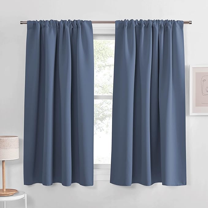 PONY DANCE Short Black Out Curtains 48 inch Long for Small Window, Rod Pocket Privacy Bathroom Draperies,Thermal Insulated Lighting Blocking Drapes for RV(2 Panels Set,Stone Blue, W42 x L48 inches)