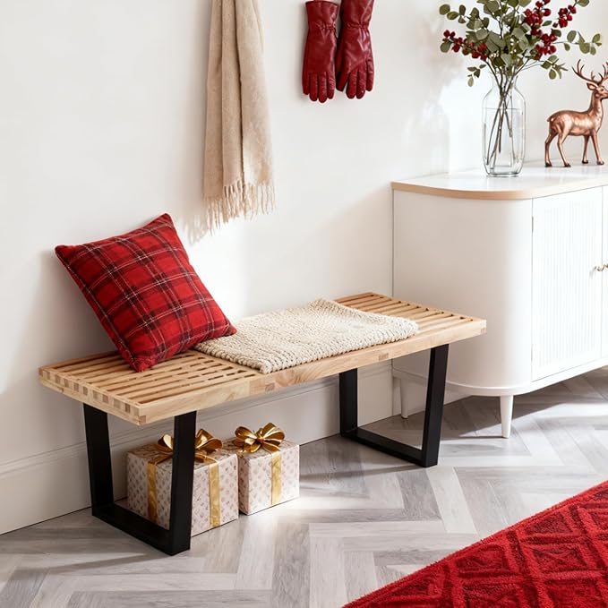 55" Natural Solid Wood Bench, Modern End of Bed Bench for Bedroom Entryway Bench w/Metal Legs, Dining Bench Bedside Bench Long Ottoman Bench for Front Entryway Living Room Dining Room Kitchen