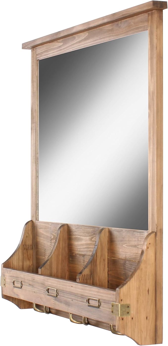 Kate and Laurel Stallard Decorative Rustic Wood Home Organizer with Mirror, Pockets, and Key Hooks, Rustic Brown