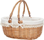 G GOOD GAIN Oval Picnic Basket with Folding Handles, Willow Hand Woven Shopping Basket, Bath Storage Gift Packing Basket, Wicker Empty Easter Eggs and Candy Small Gift Basket.Cream