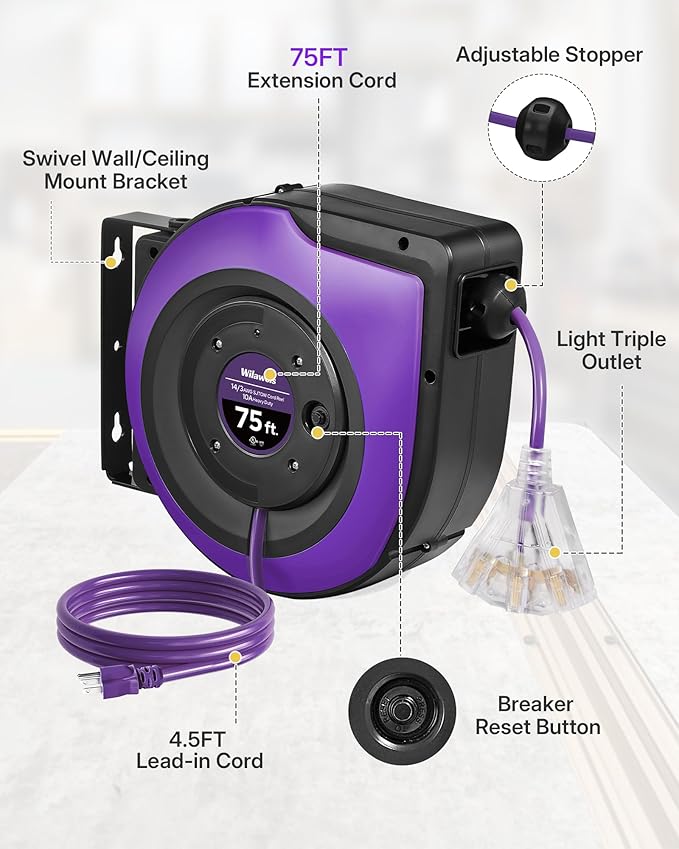 Extension Cord Reel, 75 FT Retractable Extension Cord Reel, 14AWG/3C SJTOW, Lighted Triple, 10A Circuit Breaker, Wall/Ceiling Mounted, Heavy Duty Power Cord, UL Listed, Purple P75CR06