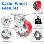 Nefish 5 Inch Industrial Casters Set of 4, Heavy Duty Casters with Brake 4000 Lbs, No Noise Polyurethane Wheel on Steel Hub, Swivel Plate Caster Wheels for Toolbox Workbench (4 Swivel & Brakes)