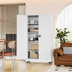 Metal Rolling Storage Cabinet-74.6” Tall Steel File Cabinets with Wheels Lockable Doors and Adjustable Shelves-White Steel Storage Cabinet for Home, School, Office, Garage