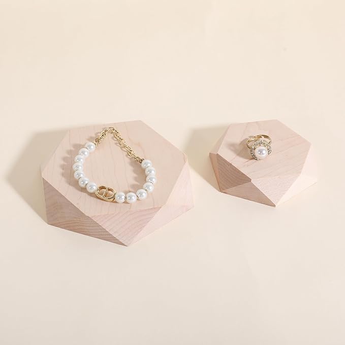 GemeShou 2pcs Wooden Jewelry display tray, Hexagon jewelry display riser, Jewelry retail shop photography props【Beech Hexagon tray-2pcs】