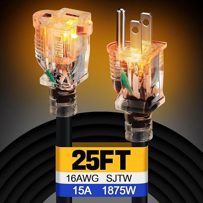 Lighted End Heavy Duty Outdoor Extension Cord Waterproof -16AWG, 3 Prong, 15A, 1875W, Flexible Black Power Extension Cord for Outsides, 25ft