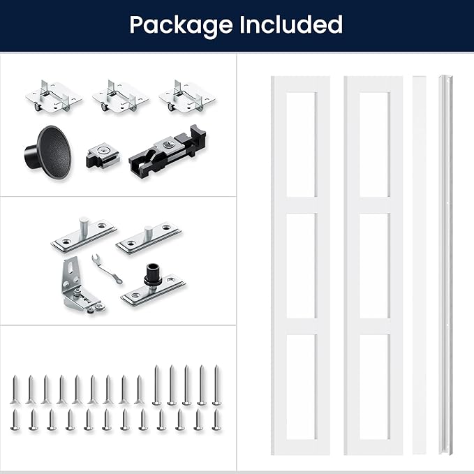 Bifold Doors for 30" x 80-3/4" Opening, 3-lite Tempered Frosted Glass Closet Folding Doors with Hardware kit Included, Easy Assembly, White