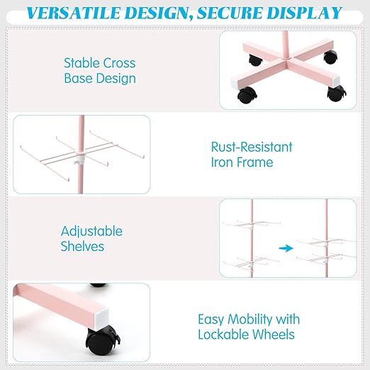 Ripeng 1 Pcs 5‑Tier Retail Display Stand – Rotating Display Rack with Wheels for Jewelry Keychains Socks Hats – Adjustable Movable Shop Spinner for Craft Shows Vendor Events & Stores Accessories, Pink