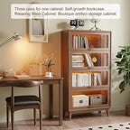 Solid Wood 4 Tier Bookcase with Tempered Glass Doors, Elegant Wooden Book Shelf with Doors 60H/32w/14 inch Log Khaki, Luxury Antique Bookcase Artwork Book Shelves/case for Home Office