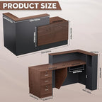 L-Shaped Modern Reception Desk with Counter & Storage - 71" Large Office Front Desk, Salon Checkout Counter with Lockable Cabinets, Shelves(Brown & Black, Left - 71''L x 34''W x 41''H)