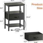 SUPERJARE Nightstand with Charging Station, Bed Side Table with Adjustable Fabric Drawer, Night Stand for Bedroom, 3-Tier Storage End Table, for Living Room, Black