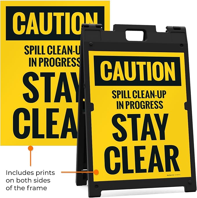 Caution Spill Cleanup in Progress Stay Clear Sidewalk Sign Kit, 18x24 Inches, with A Frame Stand, Made in USA