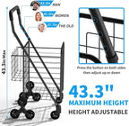 Folding Shopping Cart, Heavy-Duty Stair-Climbing Grocery Cart with 360° Swivel Wheels - Extended Foam Handle - Utility Trolley for Laundry, Travel, Shopping
