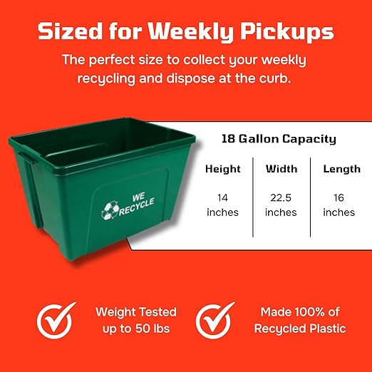 Curbside 18 Gallon Green Recycling Bin with Carrying Handles for Homes or Businesses | Easily Recognizable from The Curb | High-Capacity, Stackable - Single Unit - Green