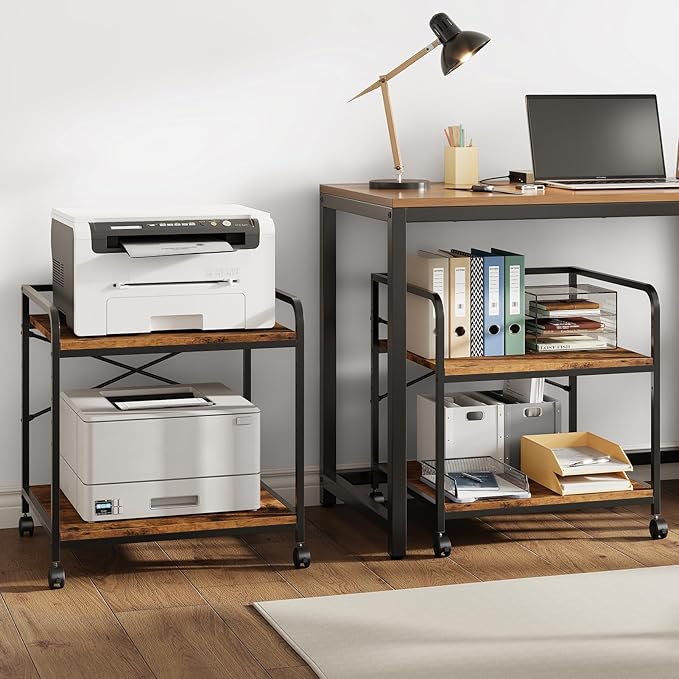 Warmiehomy 2 Tier Printer Stand with Storage, 22 Inches(55cm x 50cm) Under Desk Rolling Printer Cart with Height Adjustable Shelf, Large Printer Table for Home Office, Rustic Brown