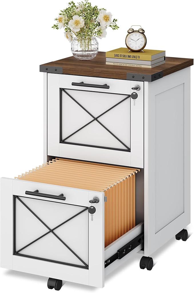 DEVAISE 2 Drawer File Cabinet with Hanging Files,Mobile Rolling Storage Cabinet for Home Office,Under Desk Filing Cabinet with Lock,Printer Stand,White