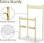 Jewelry Tower Necklace Holder Organizer – 3-Tier Jewelry Display Rack with Storage Tray – Holds 22 Pairs of Earrings, Bracelets, Rings, Necklaces – Gift for Girls & Women, Gold