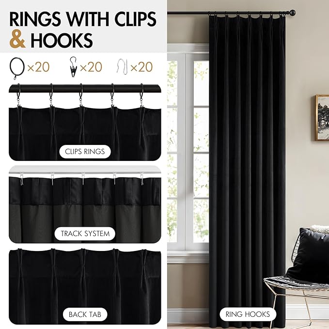 MIULEE Pinch Pleated Black Velvet Blackout Curtains 102 inches Long, Thermal Insulated Pinch Pleat Drapes with Hooks, Luxury Halloween Window Panels for Bedroom Living Room, 2 Panels