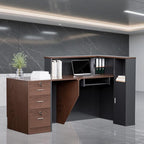 L-Shaped Modern Reception Desk with Counter & Storage - 71" Large Office Front Desk, Salon Checkout Counter with Lockable Cabinets, Shelves(Brown & Black, Left - 71''L x 34''W x 41''H)