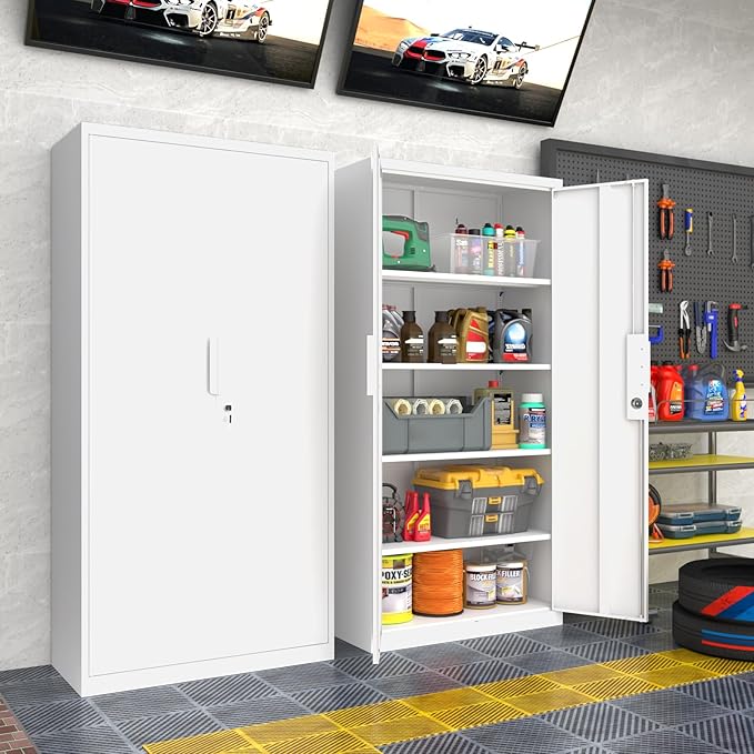 Metal Garage Storage Cabinet with Lock, 72" Tall Steel Storage Locker with 4 Adjustable Shelves, Heavy Duty Metal Cabinet for Garage, Office, Home, White