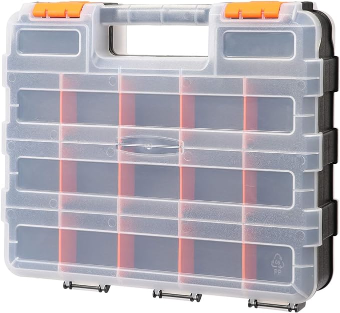 Mayouko Double Side Tools Organizer, Customizable Removable Plastic Dividers, Hardware Box Storage, Excellent for Screws,Nuts,Small Parts, 34-Compartment, Black/Orange,12.6"L x 10.6"W x 3.2"H