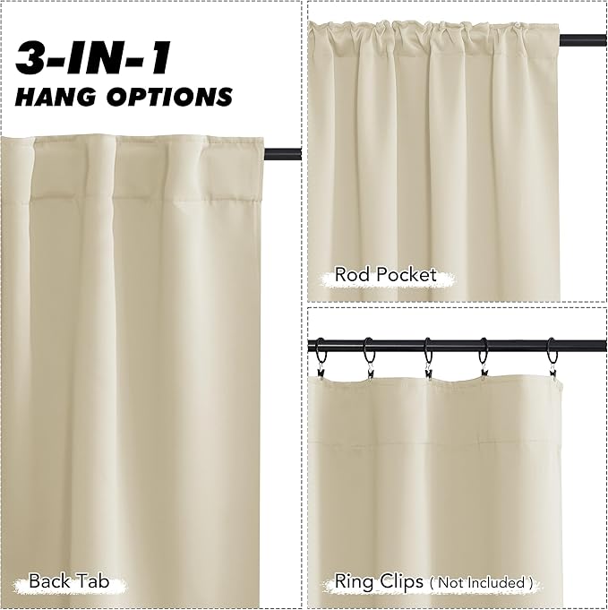 KGORGE Bedroom Curtains 2 Panel Sets, Room Darkening Thermal Insulated Noise Reducing Energy Efficiency Small Window for Nusery Office, Back Tab Rod Pocket, W52 x L54, Biscotti Beige, 2 Panels