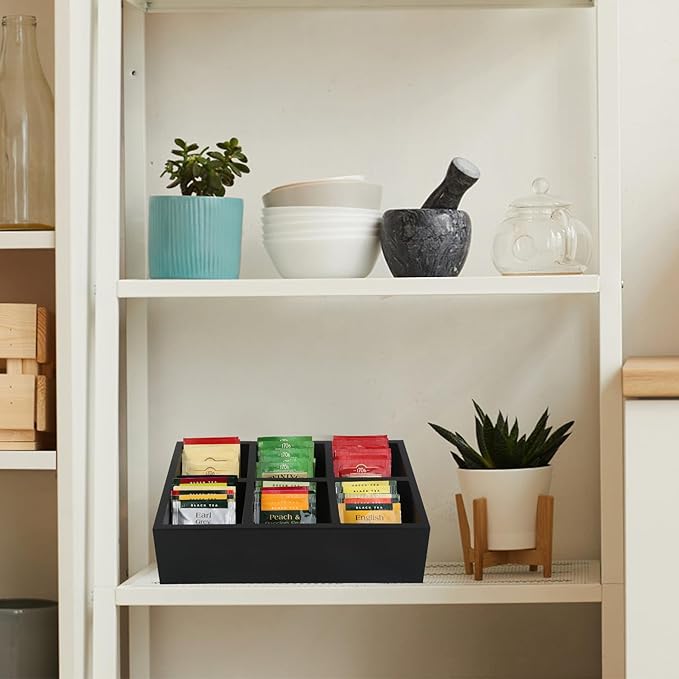 Tea Bag Box Wood Black 6 Compartments Tea Bag Organizer Drawer Storage, Large Capacity Sugar Packet Holder for Coffee Station,Sweeteners, Condiment Organizer