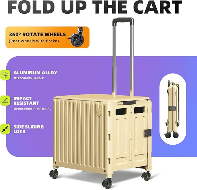 Folding Utility Cart with Wheels: Collapsible Rolling Carte for Teachers Handcart Shopping Trolley Portable Tool Box, All-Terrain Office Cart with Lid Basket Handle & Durable Frame