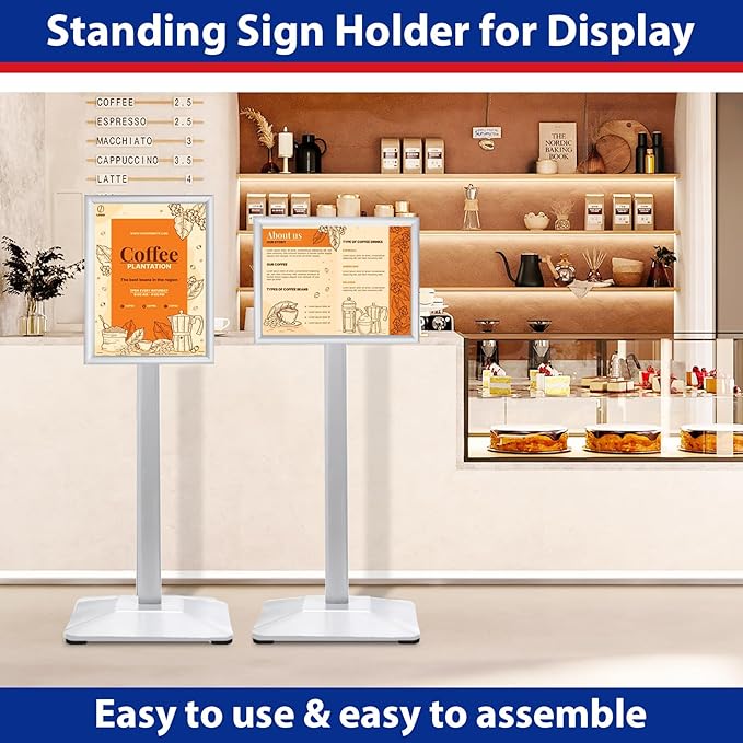 Pedestal Sign holder Stand 8.5x11inch Adjustable Standing Floor Sign Stand with Heavy Base & Snap Frame Display Stand for Indoor Outdoor Business Store Sign Holder Poster Stand (Silver)