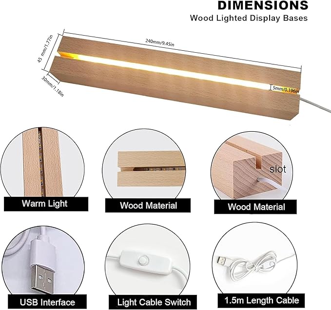 9.45 inch Rectangle Display Pedestal, Warm Color Rectangle Led Lights Display Base, Crystal Wooden Lighted Base Stand for Acrylic, Crystal, Night Light, Glass Resin Art