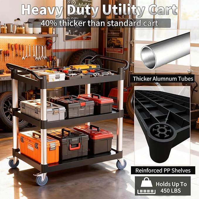 Utility Cart with Tangle-Free Wheels, Large Size 3 Tier Rolling Service Cart with Wheels(2 with Brakes), Heavy Duty 450 Lbs Capacity,Commercial Serving Cart for Home, Office, Restaurant, Warehouse.