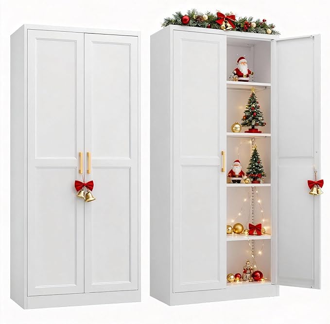 Kitchen Pantry Cabinet,71”White Metal Pantry Storage Cabinet with Doors and 4 Adjustable Shelves,Kitchen Cabinet with 2 Gold Handles,Tall Cabinet for Livingroom,Pantry, Bathroom,Kitchen