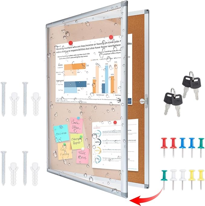 Enclosed Cork Bulletin Board Tamper-Proof Dispaly Case, Aluminium Frame, All-Weather Cork Noticeboard, Outdoor Enclosed Cork Board for School, Office, Restaurant, Hospital (36 X 24 Inches)
