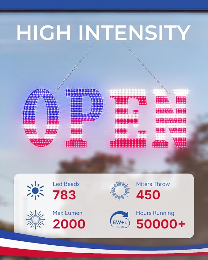 30'' x 10" Large Open Signs for Business, Super Bright LED Open Closed Sign with Hanging Installation, Light Up Sign for Bar Store Restaurant Office Hotel Salon USA Flag