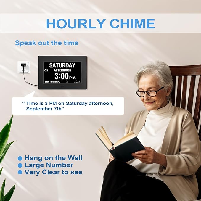 JALL 【2024 New】 Digital Calendar Dementia Day Clock, 7 Inch Large Screen Display, with Multiple Alarms, AM & PM Display, for Impaired Vision People, Age Seniors, for Desk, Wall Mounted