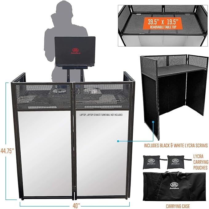 AxcessAbles Portable DJ Facade Booth with Black and White Lighting Scrims, Carry Cases | Standing DJ Table - 40" x 20" | DJ Controller Stand | Recording Mixer Stand | DJ Booth (ES-01)