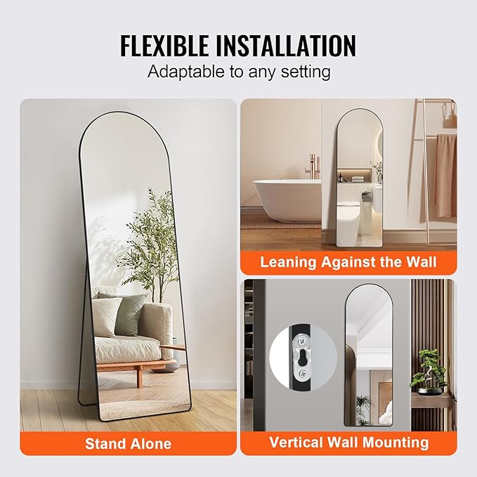 VEVOR Arched Full Length Mirror, 65'' x 22'', Large Free Standing Leaning Hanging Wall Mounted Floor Mirror with Stand Aluminum Alloy Frame, Full Body Dressing Mirror for Living Room Bedroom, Black