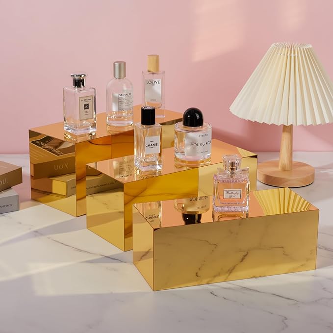 Acrylic Food Display Risers, Gold Risers Boxes 5Pcs Rectangular Display Stand Shelf Buffet Risers for Catering Dessert Buffet Table, Parties, Weddings, Collectibles Shoes Display(5pc)