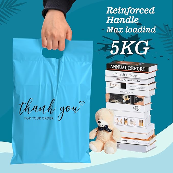 JinRuiKJ Poly Mailers with Handle 10x13 Inch 100 Pcs, Easy to Carry Packaging Bags for Small Business, Thank You Shipping Bags with Self Adhesive Strip, Tearproof and Waterproof - Blue