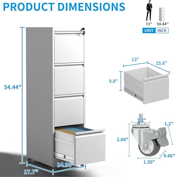 4-Drawer Mobile File Cabinet with Lock and Wheels, Tall Vertical Filing Cabinets Steel Rolling Storage Cabinet for Home Office Legal/Letter/A4 Files, Require Assembly (White)