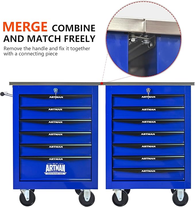6 Drawers Tool Cart on Wheels with Stainless Steel Worktop, Heavy Duty Mobile Rolling Drawer Tool Chest with Locking Wheels & Lockable Drawers, Garage Tool Storage Cabinet (Blue, 6 Drawers)