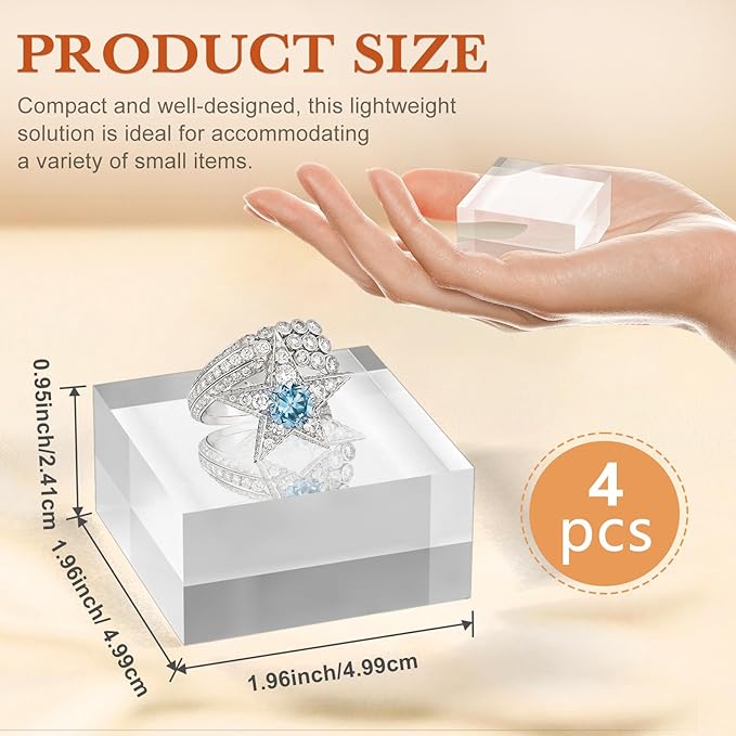 Acrylic Base 4 Pieces Acrylic Blocks for Display 2 X 2 X 1 Inch Square Riser Display Stands Trophy Base Pedestal Stands Clear Cube for Trophy Jewelry Props Food Party Crafts