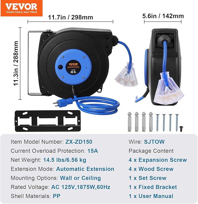 VEVOR Retractable Extension Cord Reel, 45 FT, Heavy Duty 12AWG/3C SJTOW Extension Power Cord with Lighted Triple Tap Outlet, 15A Circuit Breaker 180° Swivel Bracket for Ceiling or Wall Mount, Blue