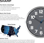 Sharp Atomic Analog Wall Clock - 12" Grey Face, Silver Brushed Finish - Sets Automatically- Battery Operated - Easy to Read - Easy to Use – Modern Design and Style