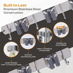 Heavy-Duty Stainless-Steel Broom Holder Wall Mount with 4 Racks and 5 Hooks | Rust Resistant Mop and Broom Hanger | Adjustable, Garage & Garden Tool Organizer | Silver Color