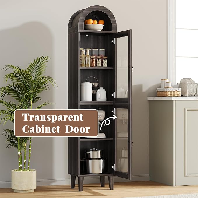 71” Tall Arched Pantry Cabinet with Glass Door, Display Cabinet Organizer, Versatile Pantry with Top-Opening Storage Container for Living, Kitchen Dining Room, Black