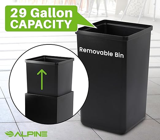 Alpine Industries 29 Gallon Commercial Indoor Recycle Bin, Modern Black Metal Container with Optional Lids